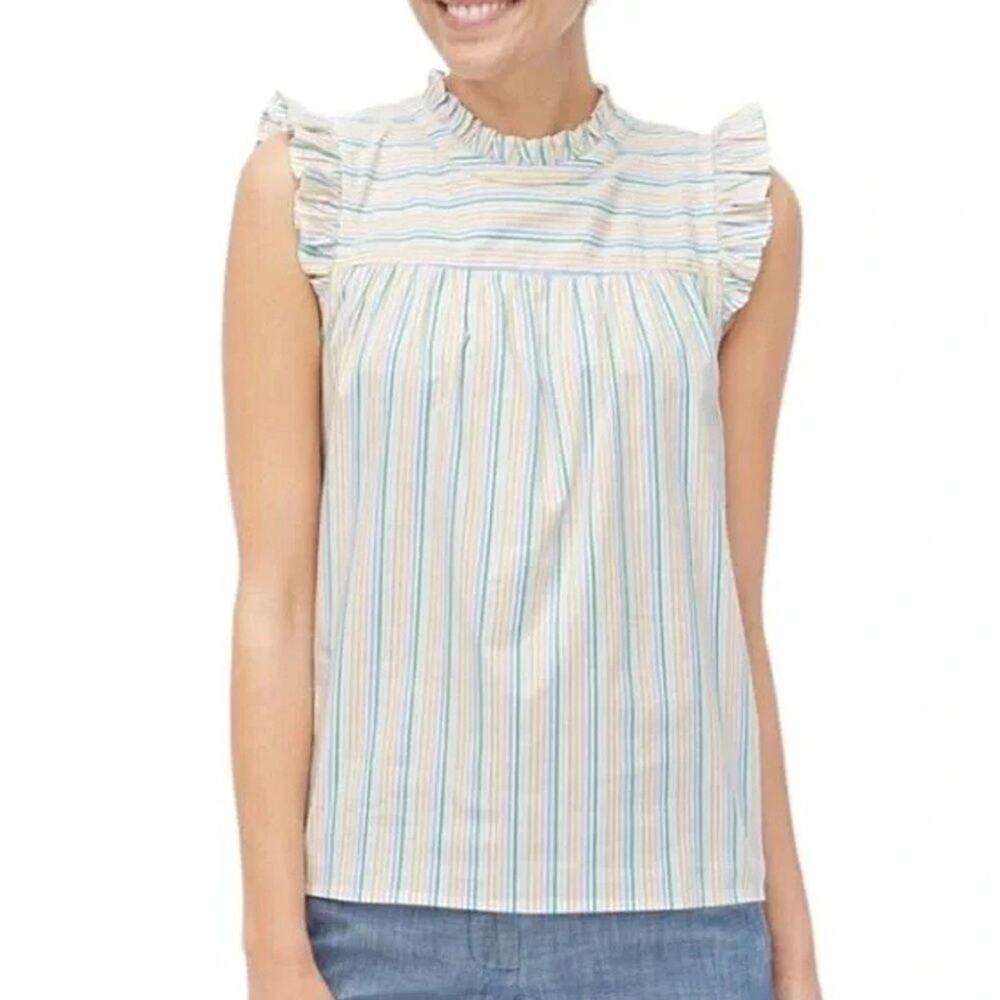J. Crew Ruffleneck Shirred Striped Top in Cotton Poplin Sz 0